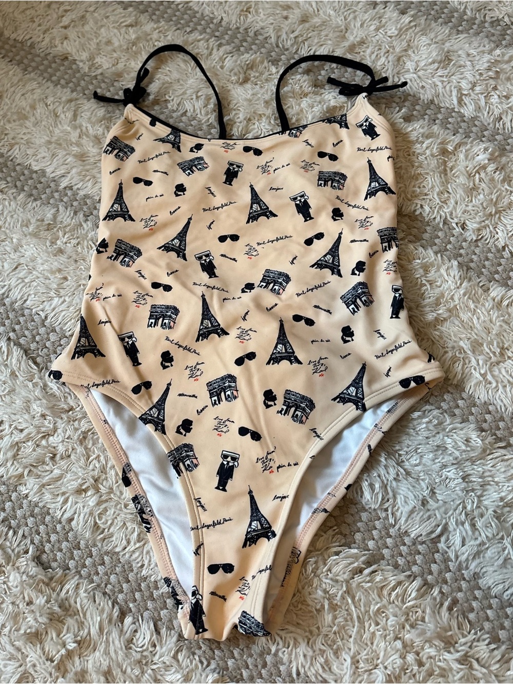 Karl Lagerfeld Cream One-Piece Swimsuit with Black Paris Print Size S